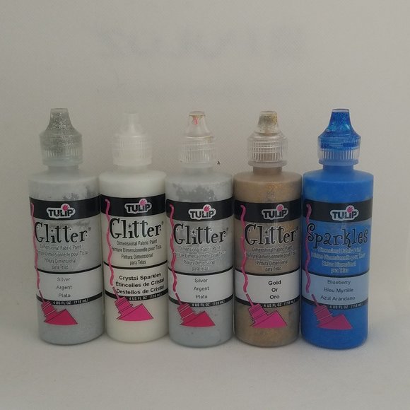 Tulip Fabric Glitter Paint 4 oz 5 Pack of Two Silver, Crystal, Gold & Blueberry - Picture 1 of 16